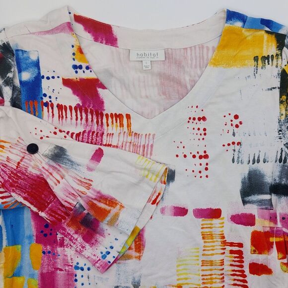 Habitat Clothes To Live In Abstract V-Neck Top Women's Large Button Sleeve Artsy - Picture 2 of 9